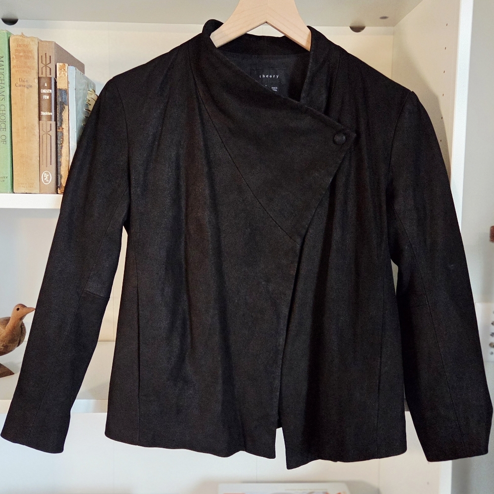 Theory Kenza Black Asymmetric Lamb Leather Jacket Womens Size Small